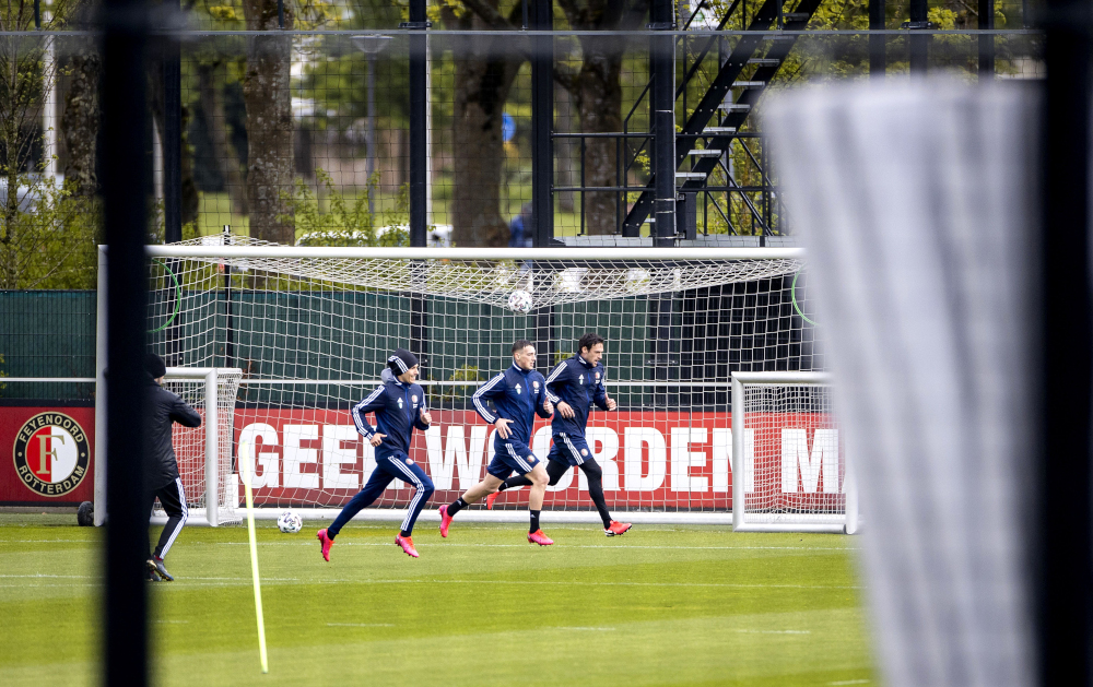 (From left) Steven Berghuis, Robert Bozenik and Eric Botteghin of Feyenoord Rotterdam attend a training session at 1908 complex in Rotterdam May 1, 2020. u00e2u20acu201d AFP pic 