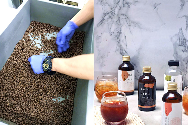 Sorting roasted coffee beans (left) and a new series of cold brew beverages by Ghostbird.