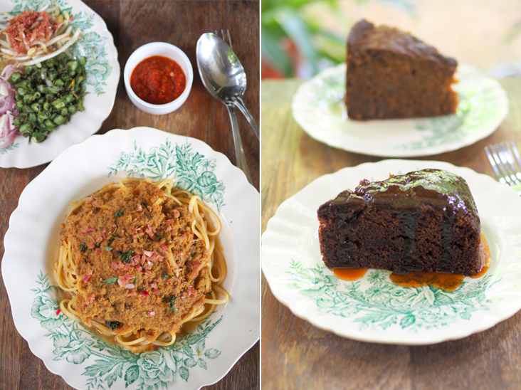 Slurp down their “laksa” Johor served with a fragrant gravy laden with flaked fish (left). Don't forget to order their cakes like the decadent sticky date cake (front) and ginger cake (back) (right).