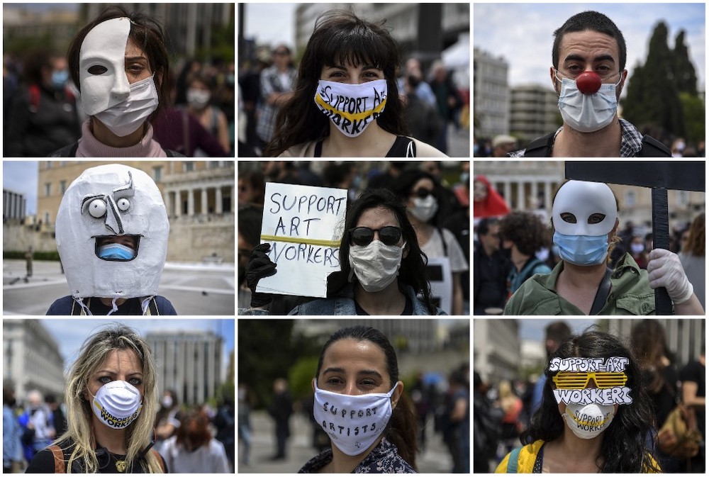 A combination of photographs taken and created on May 7, 2020 shows portraits of Greek artists and members of artist unions wearing masks and protective facemasks as they demonstrate in front of the Greek parliament in central Athens. — AFP pic