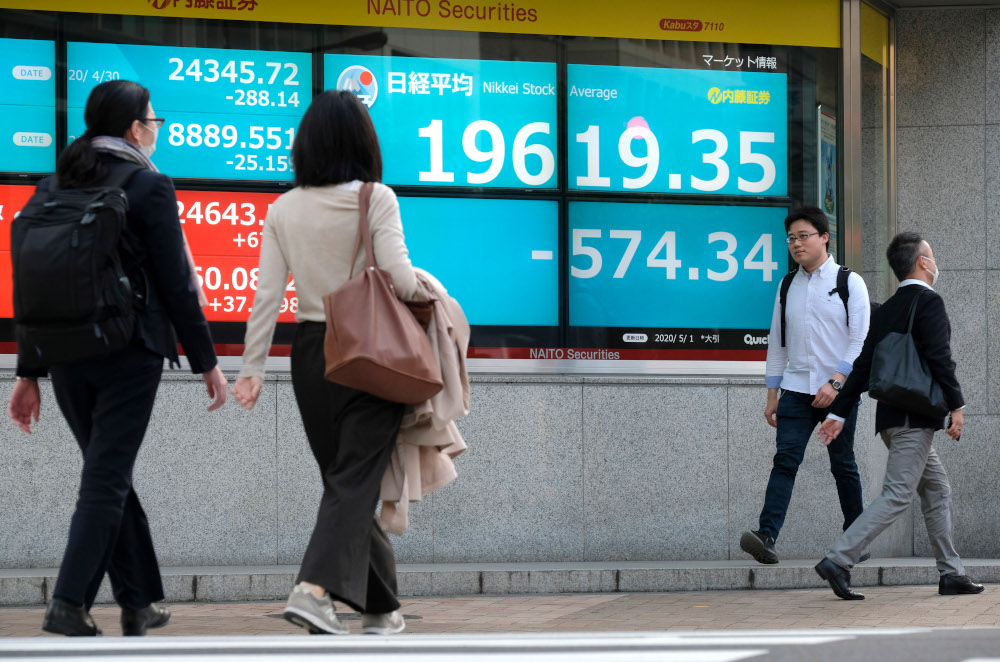 Pedestrians walk in front of a quotation board displaying share prices of the Tokyo Stock Exchange in Tokyo May 1, 2020. u00e2u20acu201d AFP pic 