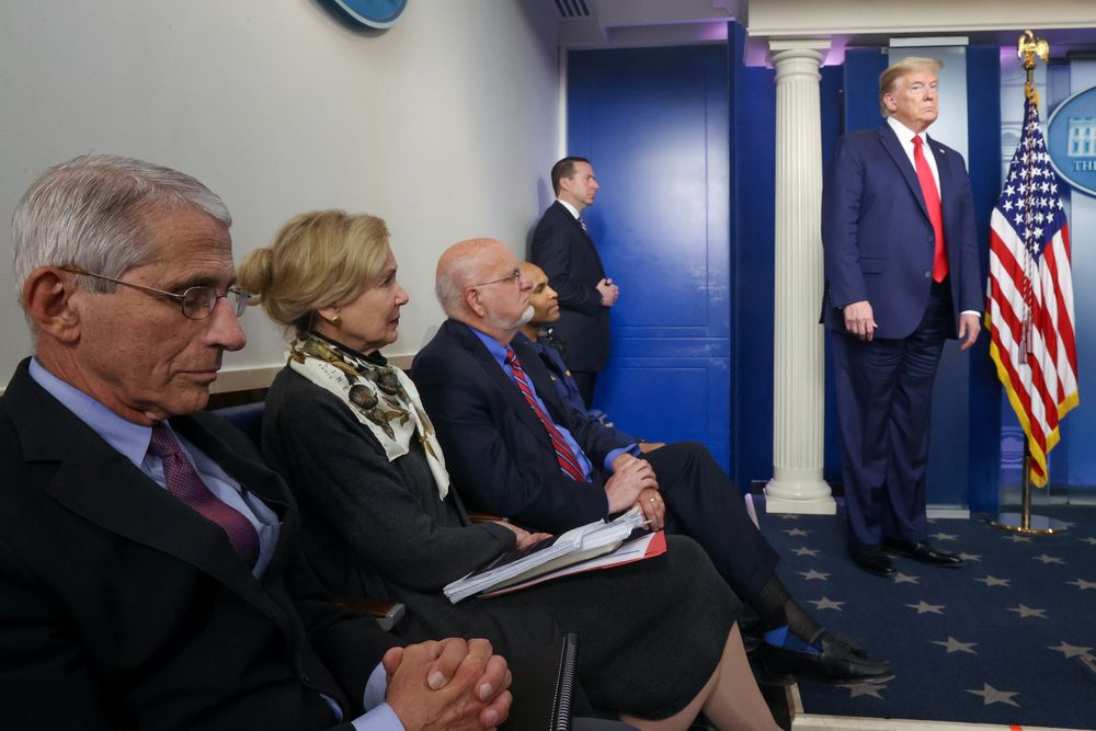 White House coronavirus task force members, including Dr. Anthony Fauci of the National Institutes of Health, White House coronavirus coordinator Dr. Deborah Birx, Centers for Disease Control (CDC) Director Robert Redfield and 
