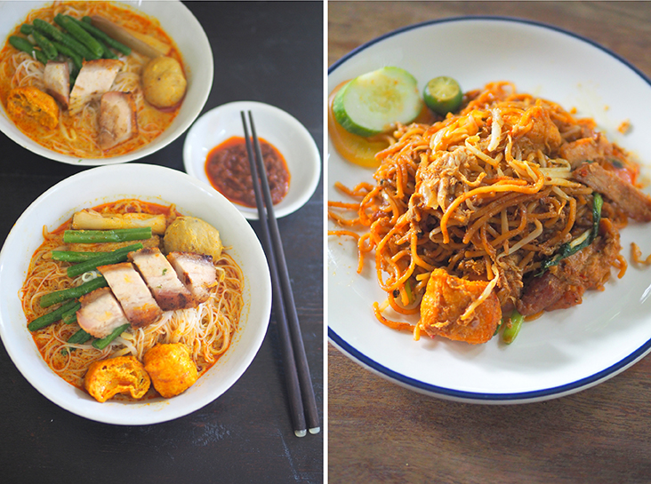 Curry 'laksa' hits the spot with its creamy broth paired with pieces of roast pork, long beans and brinjal (left). The 'mee goreng' which is packed with flavour will be good for a quick meal (right)