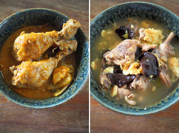 An unusual chicken curry is paired with an unlikely friend in the form of preserved vegetables that helps balance out the richness of the curry (left). Rice wine chicken has a comforting vibe with the use of sweet home-made rice wine (right)