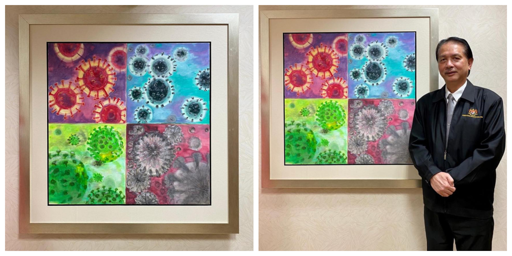 Health director-general Datuk Dr Noor Hisham Abdullah posing with the Covid-19 painting that was gifted to him by Datuk Halimah Mohd Said. u00e2u20acu201d Photo via Facebook/ Noor Hisham Abdullah