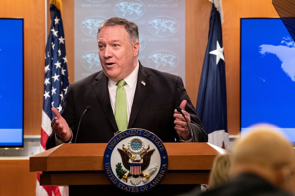 US Secretary of State Mike Pompeo speaks to the media at the State Department in Washington, US, May 20, 2020. u00e2u20acu201d Nicholas Kamm/Pool via Reuters