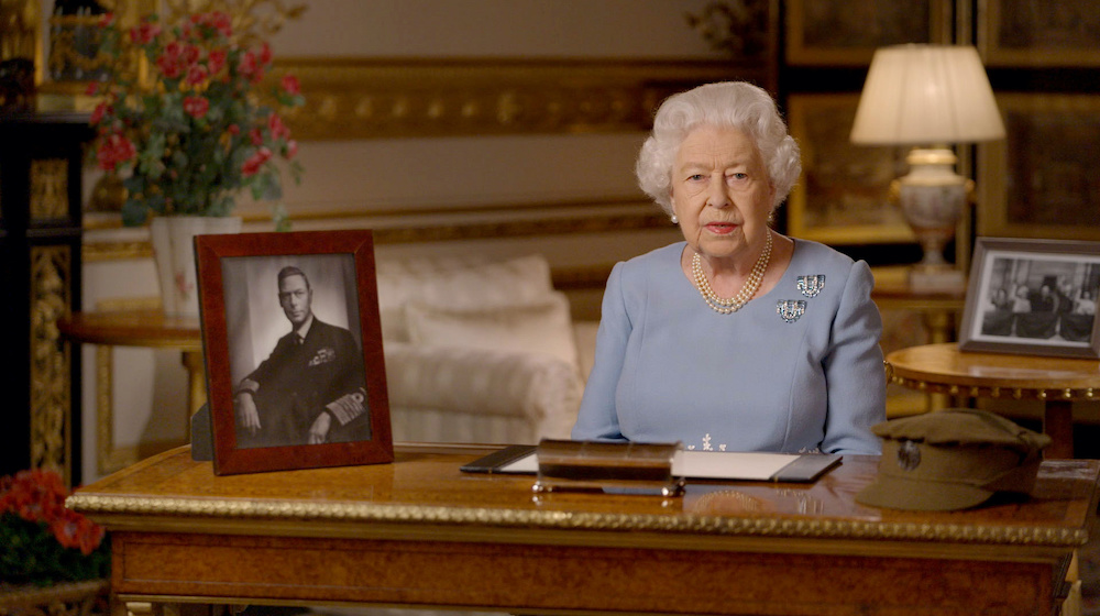 Britainu00e2u20acu2122s Queen Elizabeth II delivers an address to the nation and the Commonwealth on the 75th anniversary of VE Day at Windsor Castle, Britain, in this Buckingham Palace handout image released May 8, 2020. u00e2u20acu201d Reuters picnn