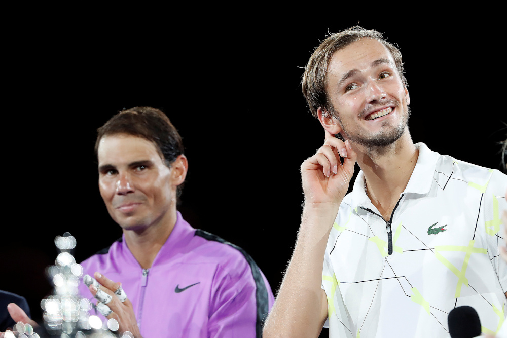 Daniil Medvedev of Russia reacts to crowd applause at the trophy ceremony after his match against Rafael Nadal of Spain in the menu00e2u20acu2122s singles final of the 2019 US Open tennis tournament at USTA Billie Jean King National Tennis Center, September 8, 2019. 