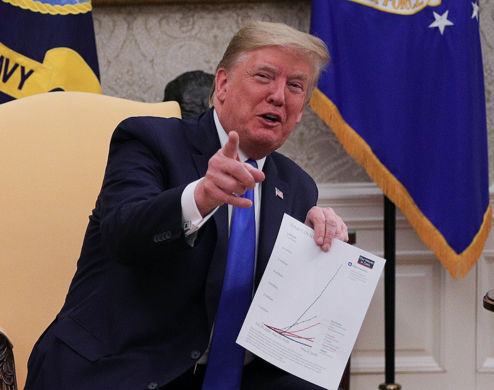 US President Donald Trump holds a chart on global coronavirus disease data as he reacts to a journalist in the Oval Office at the White House in Washington, US, May 6, 2020. u00e2u20acu201d Reuters pic