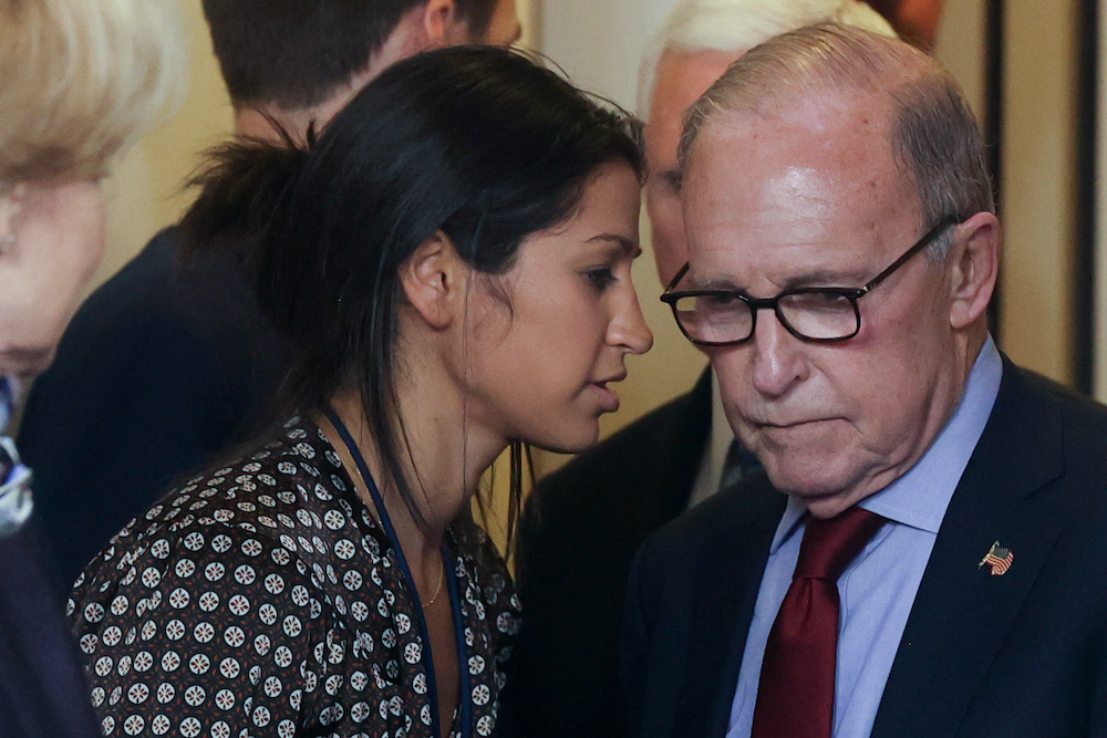 Katie Miller, press secretary for US ‪Vice President Mike Pence‬, speaks to White House chief economic adviser Larry Kudlow before the daily coronavirus task force briefing at the White House in Washington, US March 10, 2020. — Reuters pic