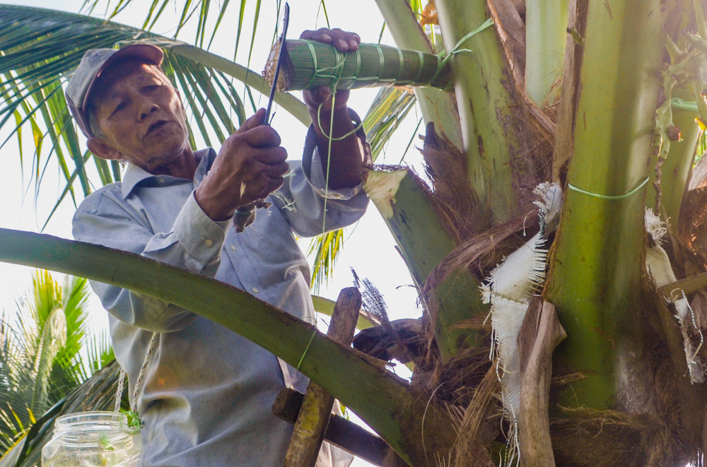 Nira water trader Matrof Johan, 60, at work in Pasir Puteh May 11, 2020. u00e2u20acu201d Bernama pic