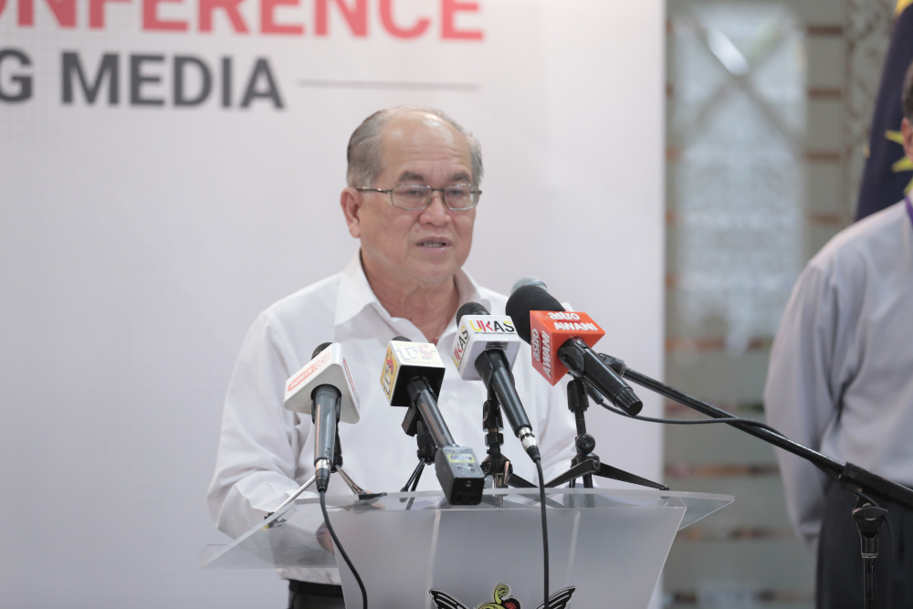 Sarawak Disaster Management Committee chairman Datuk Amar Douglas Uggah speaks to reporters on the Covid-19 situation in the state on May 15, 2020. u00e2u20acu201d Picture courtesy of Sarawak Public Communications Unit (Ukas)