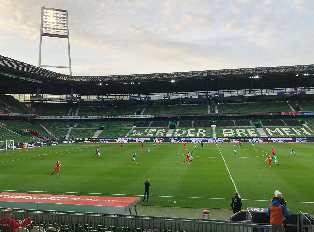 A general view inside the stadium during the match between Werder Bremen and Bayer Leverkusen, as play resumes behind closed doors, May 18, 2020. u00e2u20acu2022 Reuters pic