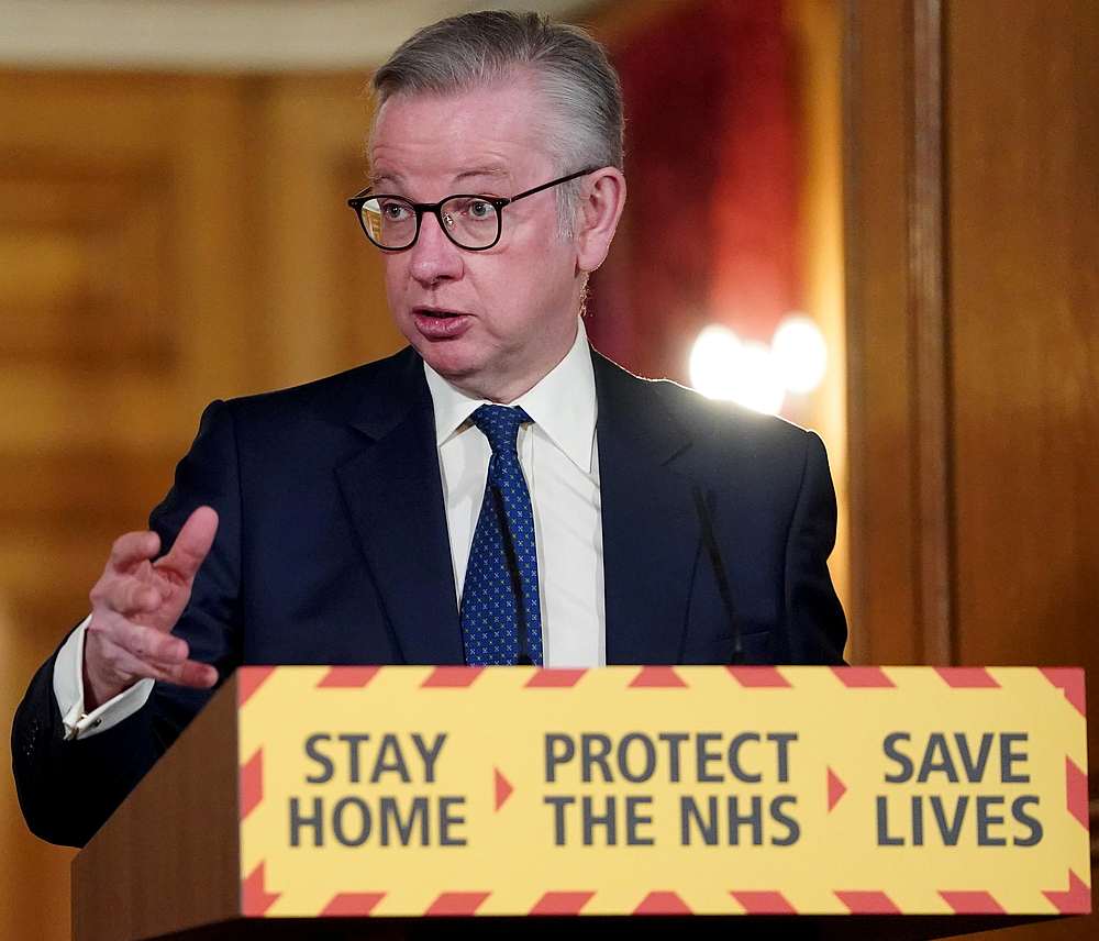 Britain's Chancellor of the Duchy of Lancaster, Michael Gove, holds the daily Covid-19 Digital Press Conference at 10 Downing Street in London, Britain May 3, 2020. u00e2u20acu201d 10 Downing Street handout via Reuters