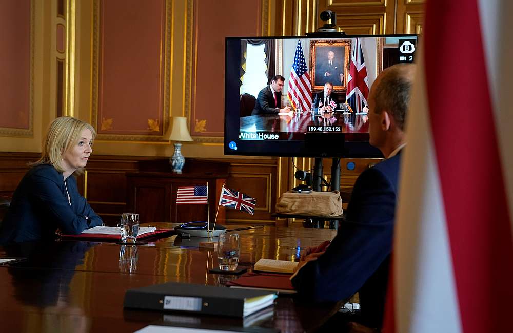 Britain's International Trade Secretary Liz Truss (left) talks remotely from the Foreign Office to the US Trade Representative Robert Lighthizer, in London, Britain May 5, 2020. u00e2u20acu201d 10 Downing Street handout via  Reuters