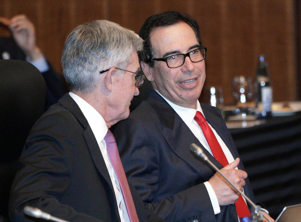 File picture shows US Treasury Secretary Steven Mnuchin talking with Federal Reserve Chairman Jerome Powell prior to the G20 finance ministers and central bank governors meeting, in Fukuoka, Japan June 8, 2019. u00e2u20acu201d Reuters pic