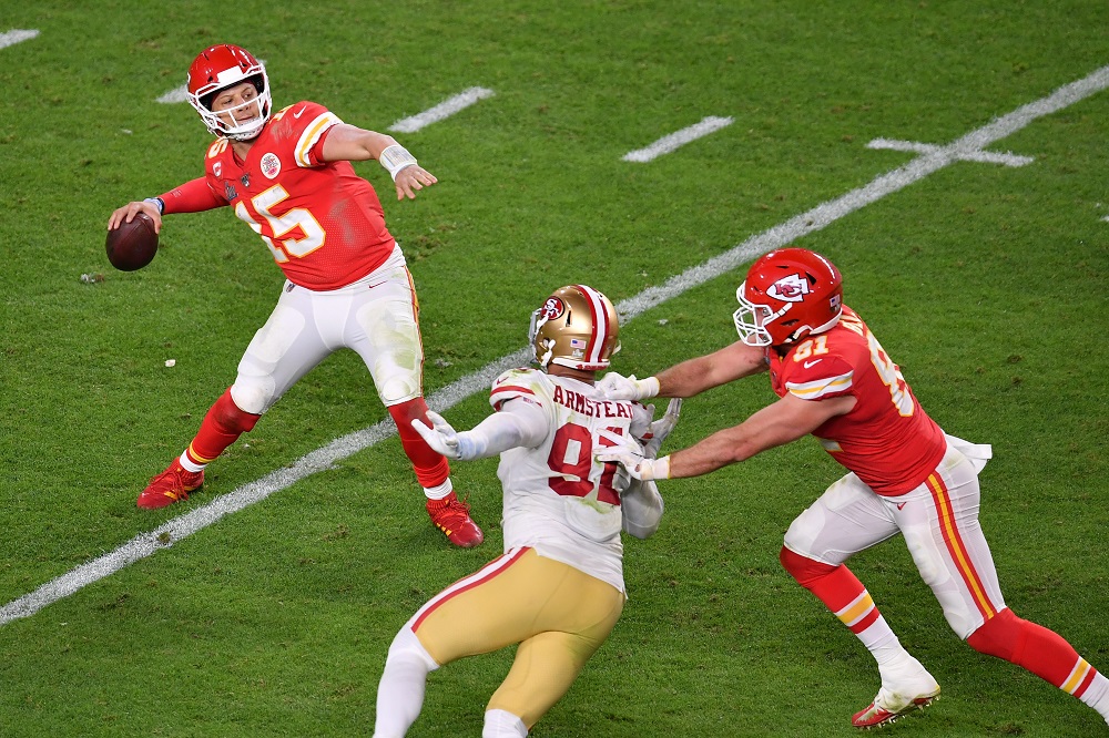 In this file photo taken on February 2, 2020 quarterback for the Kansas City Chiefs Patrick Mahomes (left) passes the ball during Super Bowl LIV at Hard Rock Stadium in Miami Gardens, Florida. u00e2u20acu2022 AFP pic