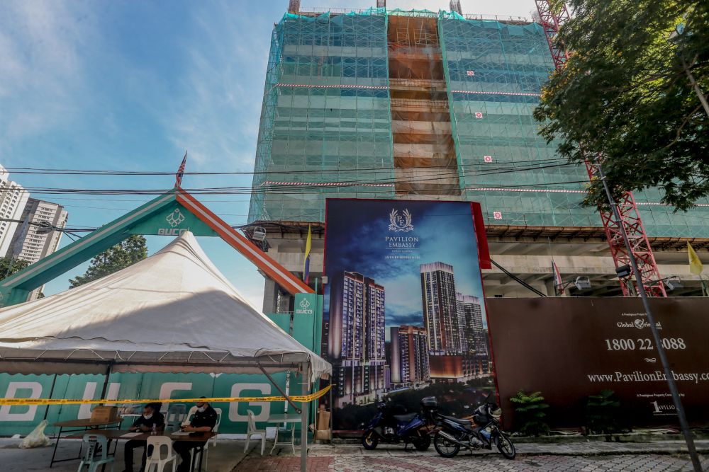 A general view of the Pavilion Embassy construction site on Jalan Ampang, Kuala Lumpur May 3, 2020. u00e2u20acu201d Picture by Firdaus Latif