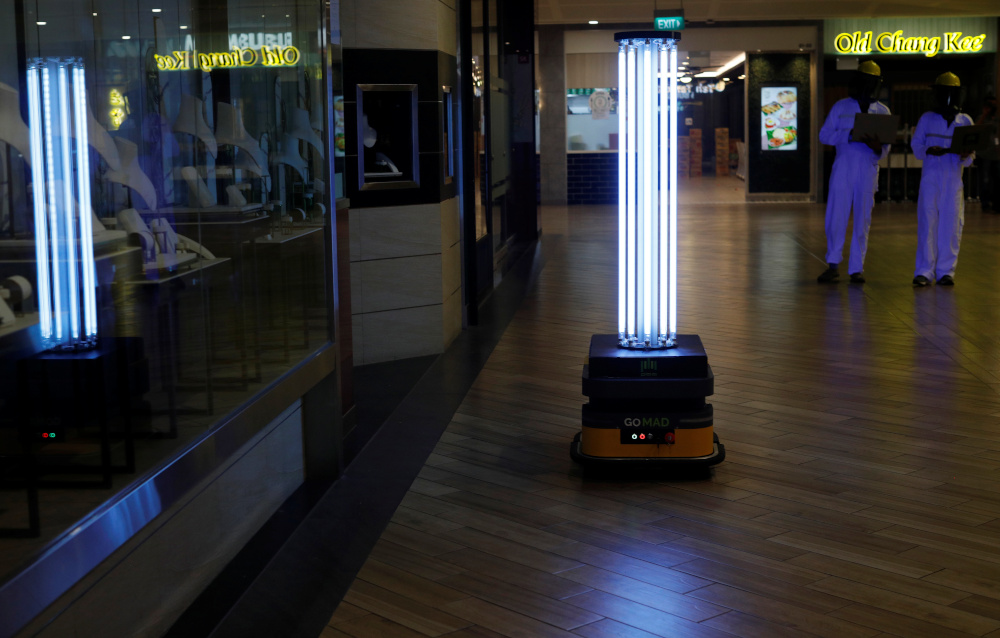 An autonomous mobile robot that disinfects surfaces with ultraviolet light, known as Sunburst UV Bot, is deployed at Northpoint City shopping mall amid the Covid-19 outbreak in Singapore May 20, 2020. u00e2u20acu201d Reuters pic 