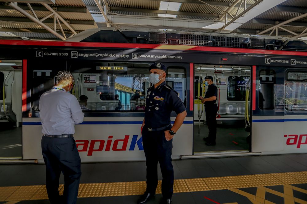 Cheras police chief Assistant Commissioner Mohamed Mokhsein Mohamed Zon during a visit to the Taman Maluri LRT station in Kuala Lumpur on Day One of the conditional movement control order May 4, 2020. — Picture by Firdaus Latif