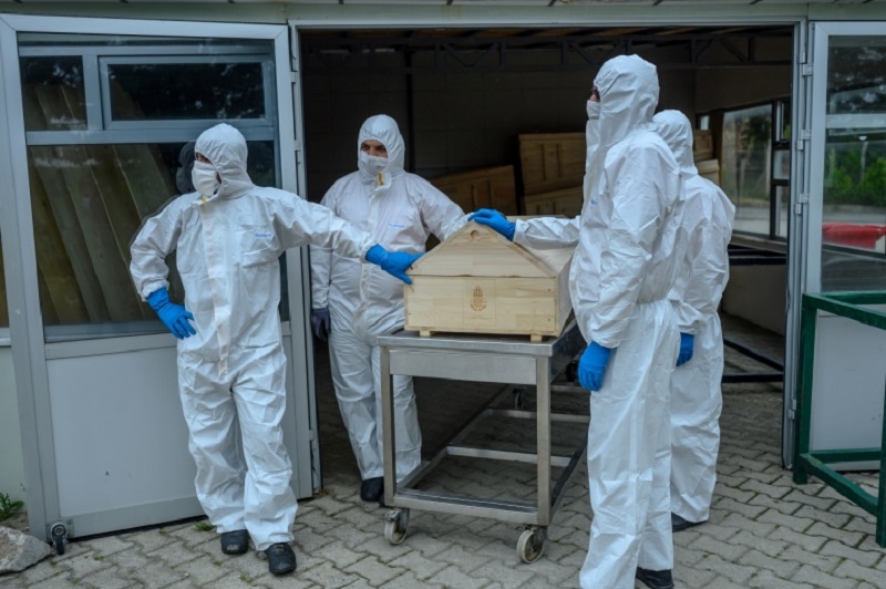 Istanbul municipal morgue workers, wearing suits and face masks, carry coffins of people who died of Covid-19 at the Cekmekoy morgue in Istanbul. u00e2u20acu2022 AFP pic