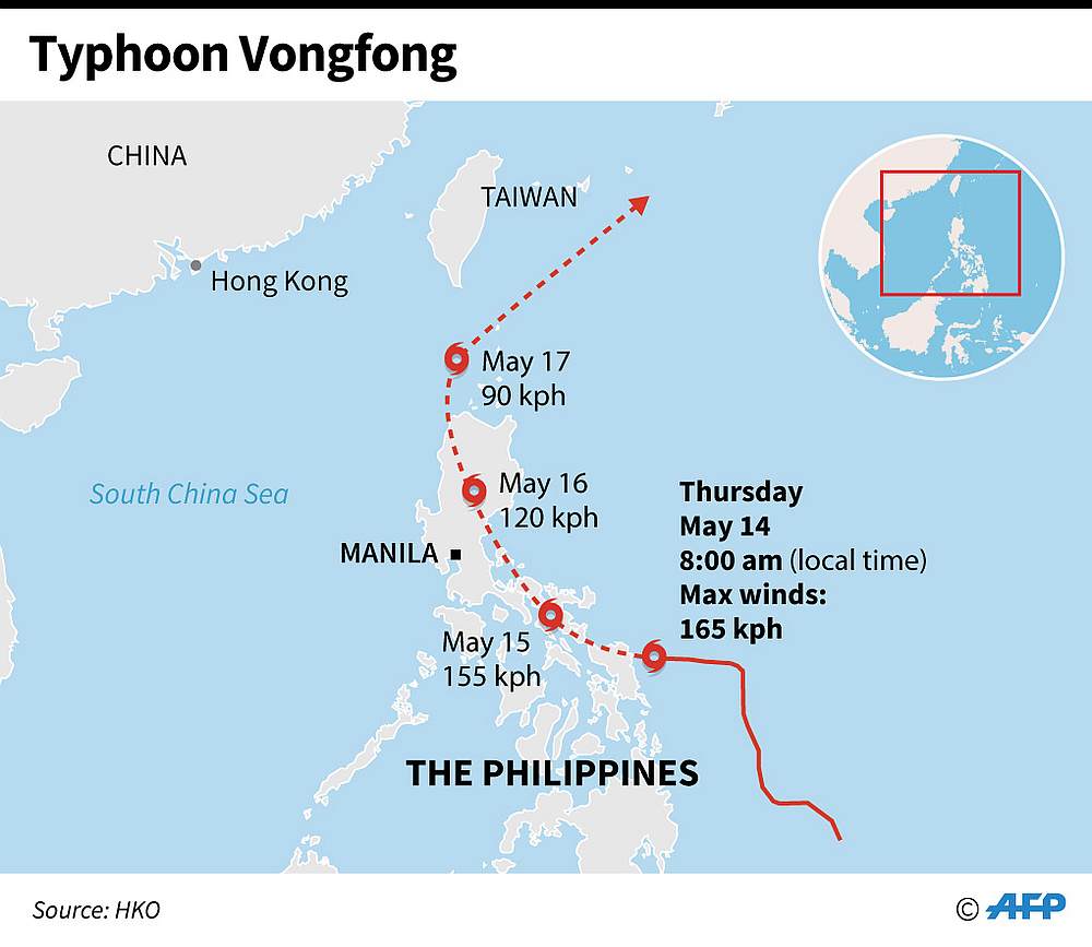 The path of Typhoon Vongfong appoaching the coast of the Philippines May 14, 2020. u00e2u20acu201d AFP map