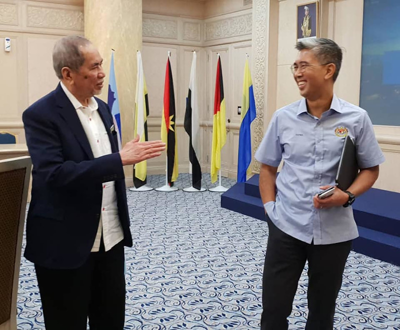Entrepreneur Development and Cooperatives Minister Datuk Seri Wan Junaidi Tuanku Jaafar and Finance Minister Tengku Datuk Seri Zafrul Abdul Aziz at a meeting in Putrajaya May 18, 2020. u00e2u20acu201d Picture from Facebook/dswanjunaidin