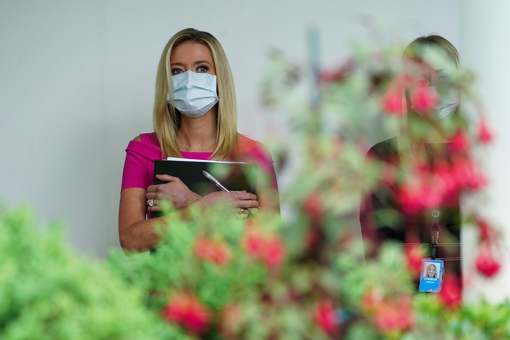 White House Press Secretary Kayleigh McEnany wears a protective face mask as US President Donald Trump holds a Covid-19 outbreak response press briefing at the White House in Washington May 11, 2020. u00e2u20acu2022 Reuters pic