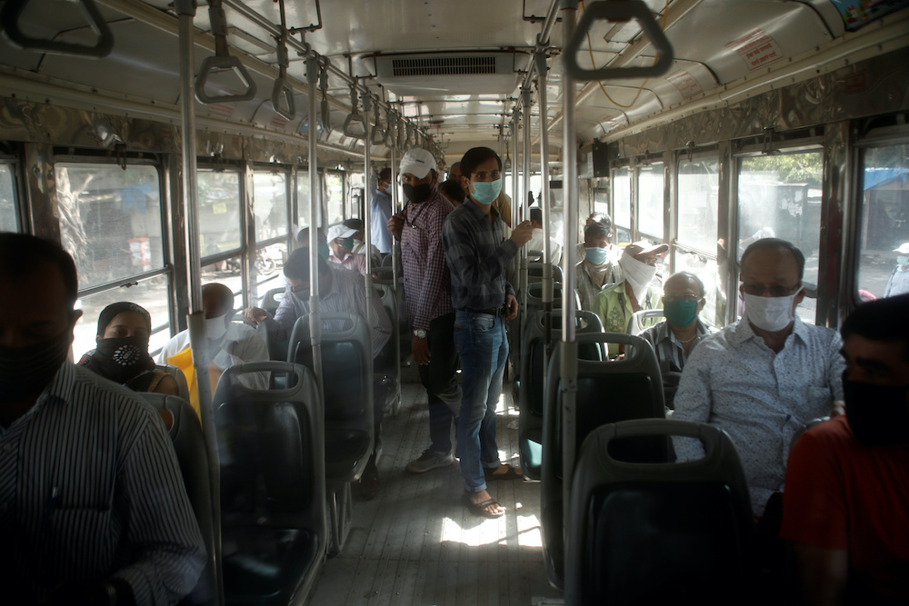 Commuters are seen inside a public transport bus after some restrictions were lifted during a nationwide lockdown to slow the spread of the coronavirus disease (Covid-19), in Mumbai, India, June 8, 2020. u00e2u20acu201d Reuters pic