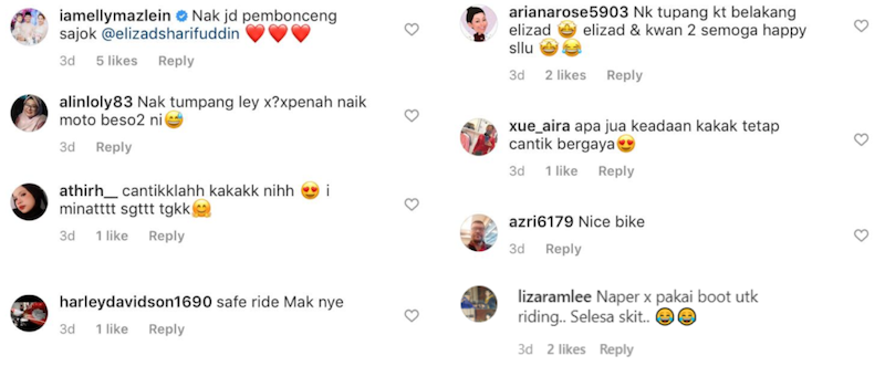 Social media users loved Elizad’s traditional biker look. — Picture via Instagram/@elizadsharifuddin. 