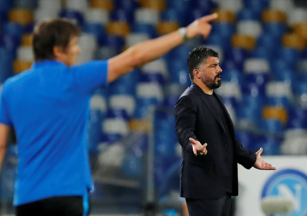 Napoli coach Gennaro Gattuso reacts, as play resumes behind closed doors following the outbreak of the coronavirus disease (Covid-19) in Naples, Italy June 13, 2020. u00e2u20acu201d Reuters pic 