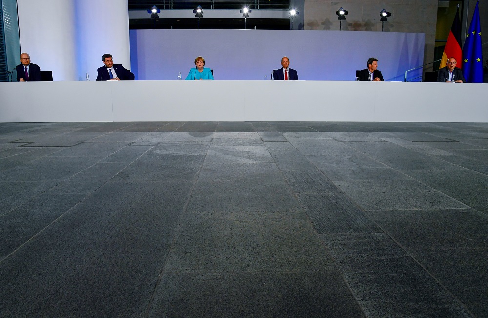 German Chancellor Angela Merkel (third left) at a news conference after coalition meetings over stimulus measures to reboot post-coronavirus economy, in Berlin June 3, 2020. u00e2u20acu201d Reuters pic