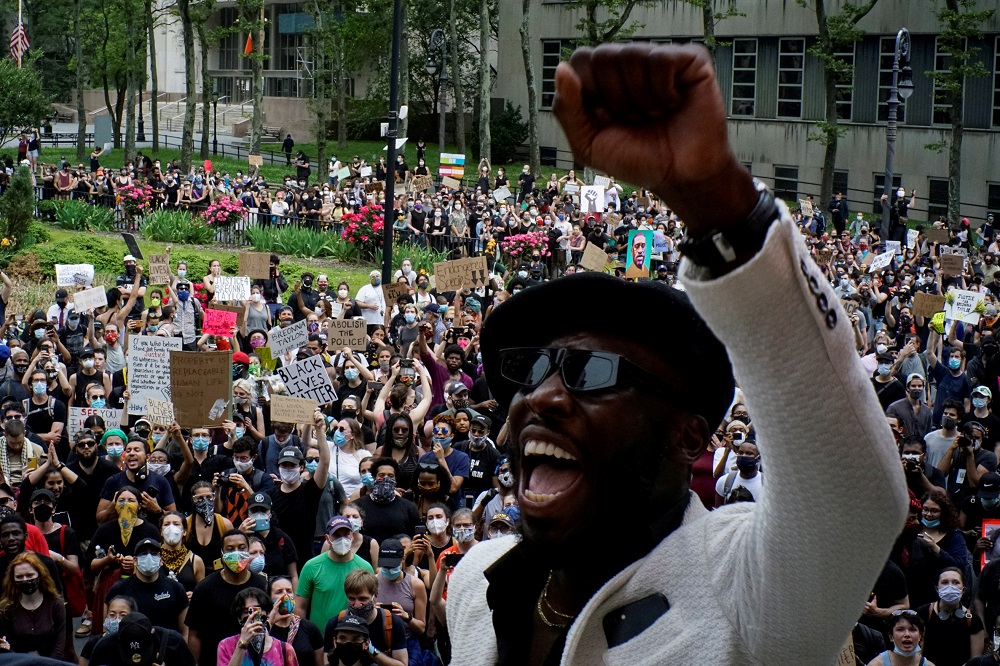 A demonstrator gestures during a protest against the death in Minneapolis police custody of George Floyd, in New York June 5, 2020. u00e2u20acu201d Reuters pic