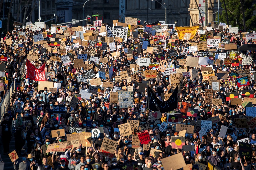 Protesters participate in the Black Lives Matter rally in Brisbane June 6, 2020. u00e2u20acu201d AAP Image/Glenn Hunt via Reuters