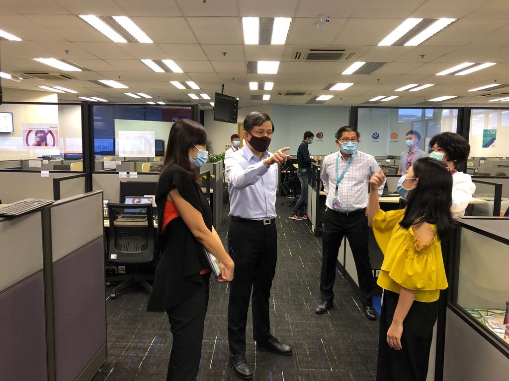 Trade and Industry Minister Chan Chun Sing at a dedicated call centre on June 16, 2020. It was set up to answer questions businesses have during and after the circuit breaker to contain Covid-19. u00e2u20acu201d TODAY pic