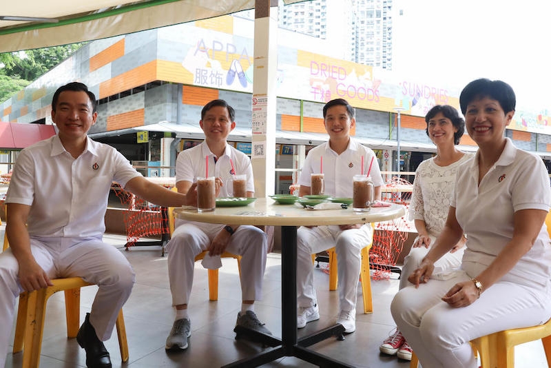 (from left) Eric Chua, Chan Chun Sing, Alvin Tan, Joan Pereira and Indranee Rajah having breakfast at a coffeeshop in Bukit Merah View June 29, 2020. u00e2u20acu201d TODAY pic