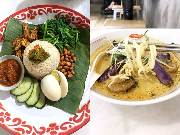 Brown rice 'nasi lemak' (left) and Nyonya curry noodles (right)