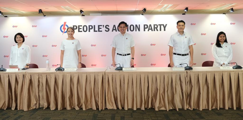 PAP second assistant secretary-general Chan Chun Sing (centre) introducing new candidates (from left) Ms Chan Hui Yuh, Ms Carrie Tan, Mr Shawn Huang Wei Zhong and Ms Mariam Jaafar on Friday (June 26). u00e2u20acu201d TODAY picnn