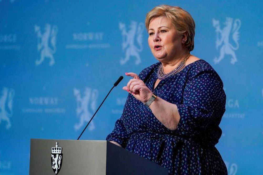Norwayu00e2u20acu2122s Prime Minister Erna Solberg speaks during a news conference on reopening society after the coronavirus disease (Covid-19) outbreak, in Oslo, Norway May 7, 2020. u00e2u20acu201d NTB Scanpix/Fredrik Hagen via Reuters
