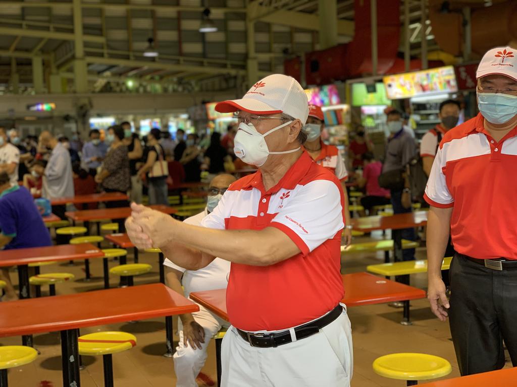 Progress Singapore Party chief Tan Cheng Bock on a walkabout at 726 West Coast Food Centre on Saturday (June 27). u00e2u20acu201d TODAY pic