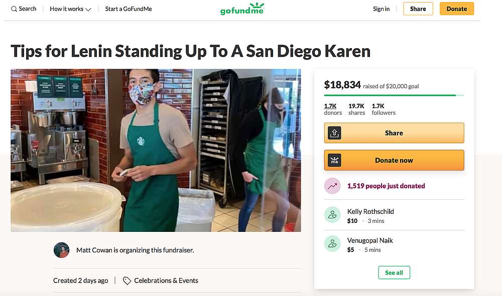 A GoFundMe called ‘Tips for Lenin Standing Up To A San Diego Karen’ was set up to show support to Gutierrez after he was shamed online by a rude customer. — Screengrab from GoFundMe