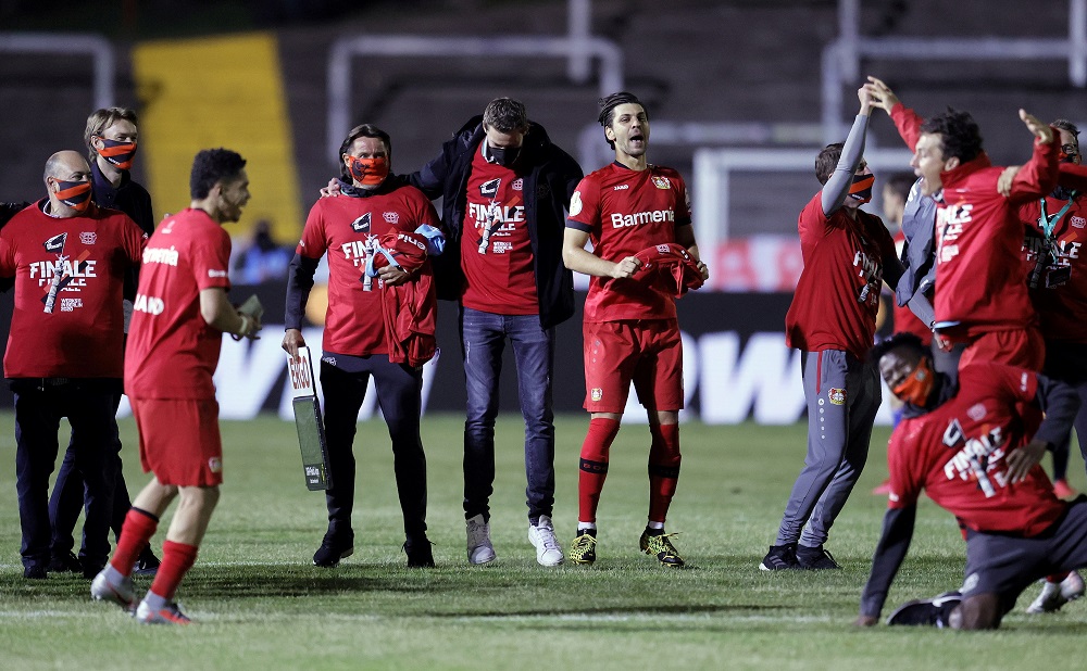 Bayer Leverkusen players and staff celebrate after the match against FC Saarbruecken in Voelklingen, Germany June 10, 2020. u00e2u20acu2022 Reuters pic