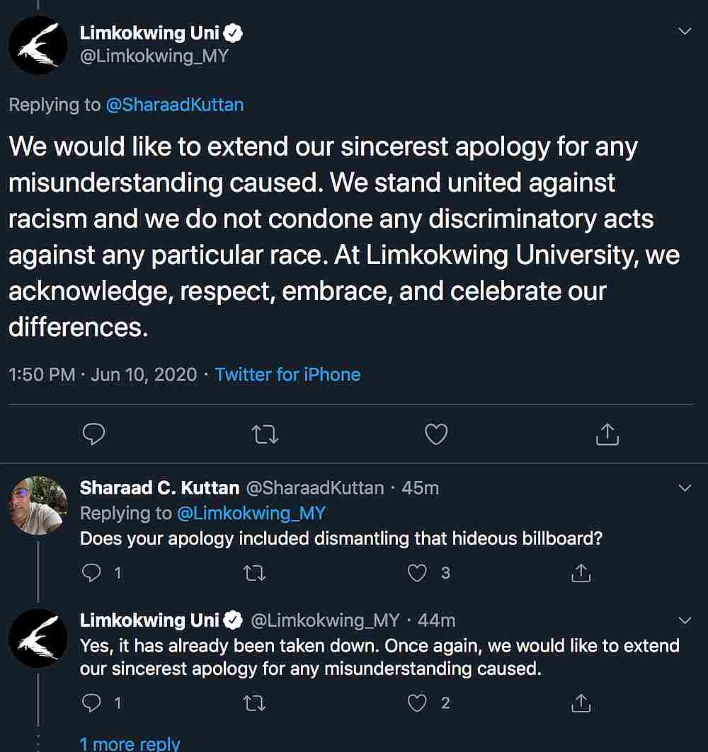 The billboard has since been removed by the university who also issued an apology to Twitter users who tagged them online. — Picture from Twitter/ Limkokwing_MY