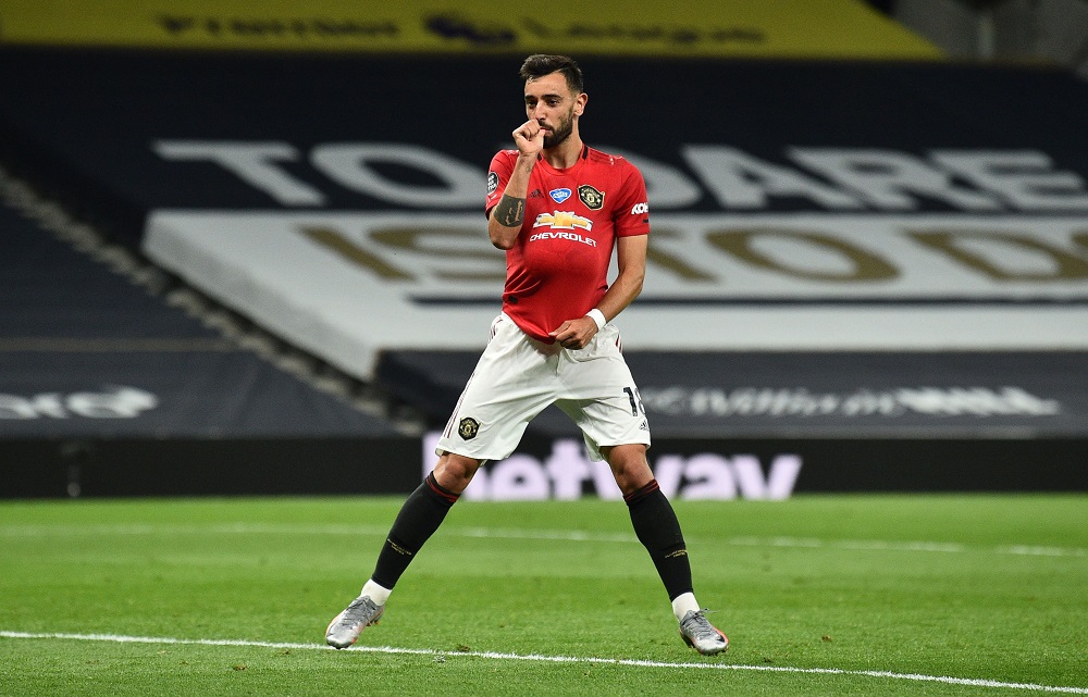 Manchester United's Bruno Fernandes celebrates after scoring their first goal against Tottenham Hotspur June 20, 2020. u00e2u20acu2022 Reuters pic