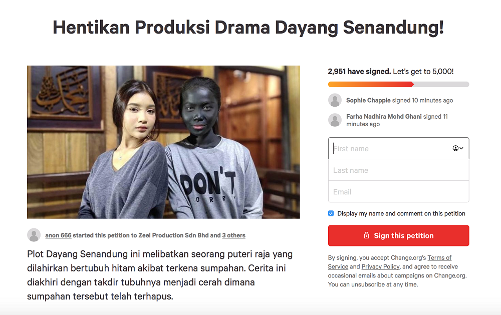 The petition page states that the drama is harmful as it associates dark skin with black magic and curses. — Screengrab via Change.org