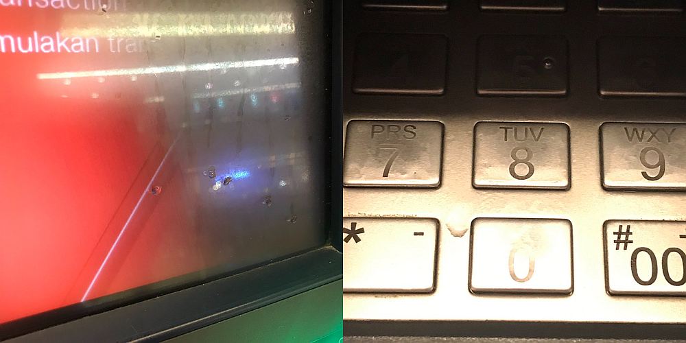 Droplets of a sanitising solution were seen covering the ATM in the photos. u00e2u20acu201d Pictures from Twitter/KLCCElevators