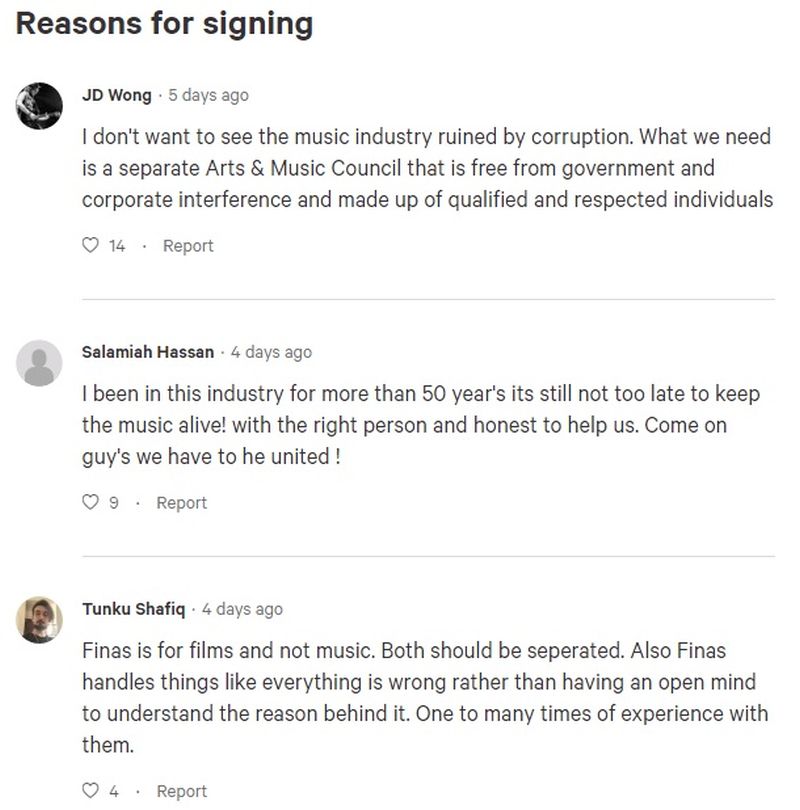 Veteran singer Salamiah Hassan and members of the public state their reason for signing the petition. — Screengrab via Change.org