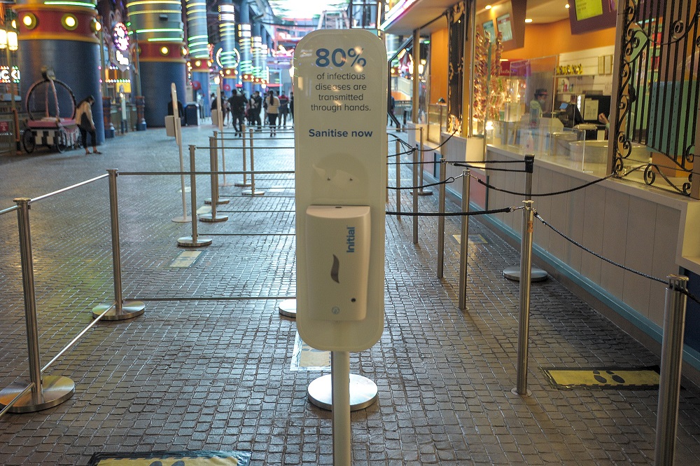 Hand sanitisers are placed around the Genting Highlands theme park in Pahang June 19, 2020. 