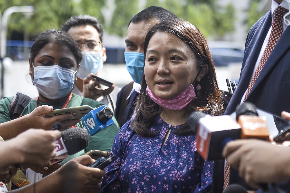 Segambut MP Hannah Yeoh speaks to reporters outside the Bukit Aman police headquarters in Kuala Lumpur June 23, 2020. u00e2u20acu2022 Picture by Miera Zulyana