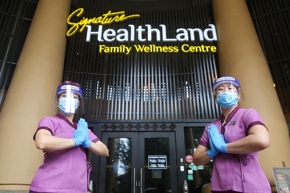 Therapists decked in protectice gear are pictured at the Healthland Wellness Centre in Sunway Pyramid June 30, 2020. u00e2u20acu201d Picture by Choo Choy May